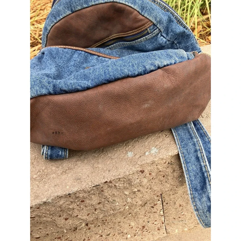 Route 66 Denim Backpack Blue Jean Brown Trim VTG Style RT-66 Travel Bag